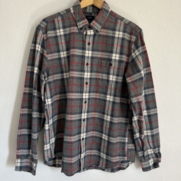 J.CREW Flannel Shirt Grey Plaid Shacket w Microsuede Elbow Patches Sz L - Picture 1 of 8